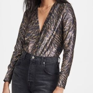 NWT GANNI Animal Leopard Print Metallic V-Neck Cardigan Sweater Size 40 EU/8 US